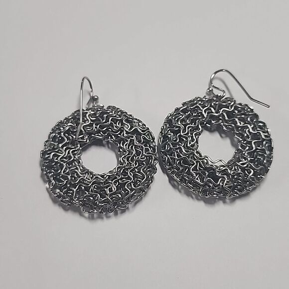 Silver Tone Dangle Round Wire Earrings - Picture 2 of 2